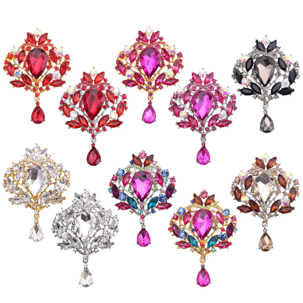 Retro Brooches Pendant Cocktail Brooch Pin Large Crystal Teardrop Rhinestone Women's Gorgeous Luxury Flower Zinc Alloy Party Hat