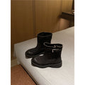Retro Suede Denim Boots with Belt Buckle for Women Thick Sole Round-Toe Riding Boots Motorcycle Boots.