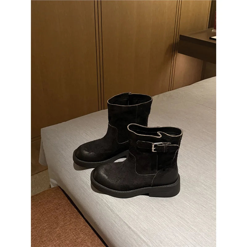 Retro Suede Denim Boots with Belt Buckle for Women Thick Sole Round-Toe Riding Boots Motorcycle Boots.