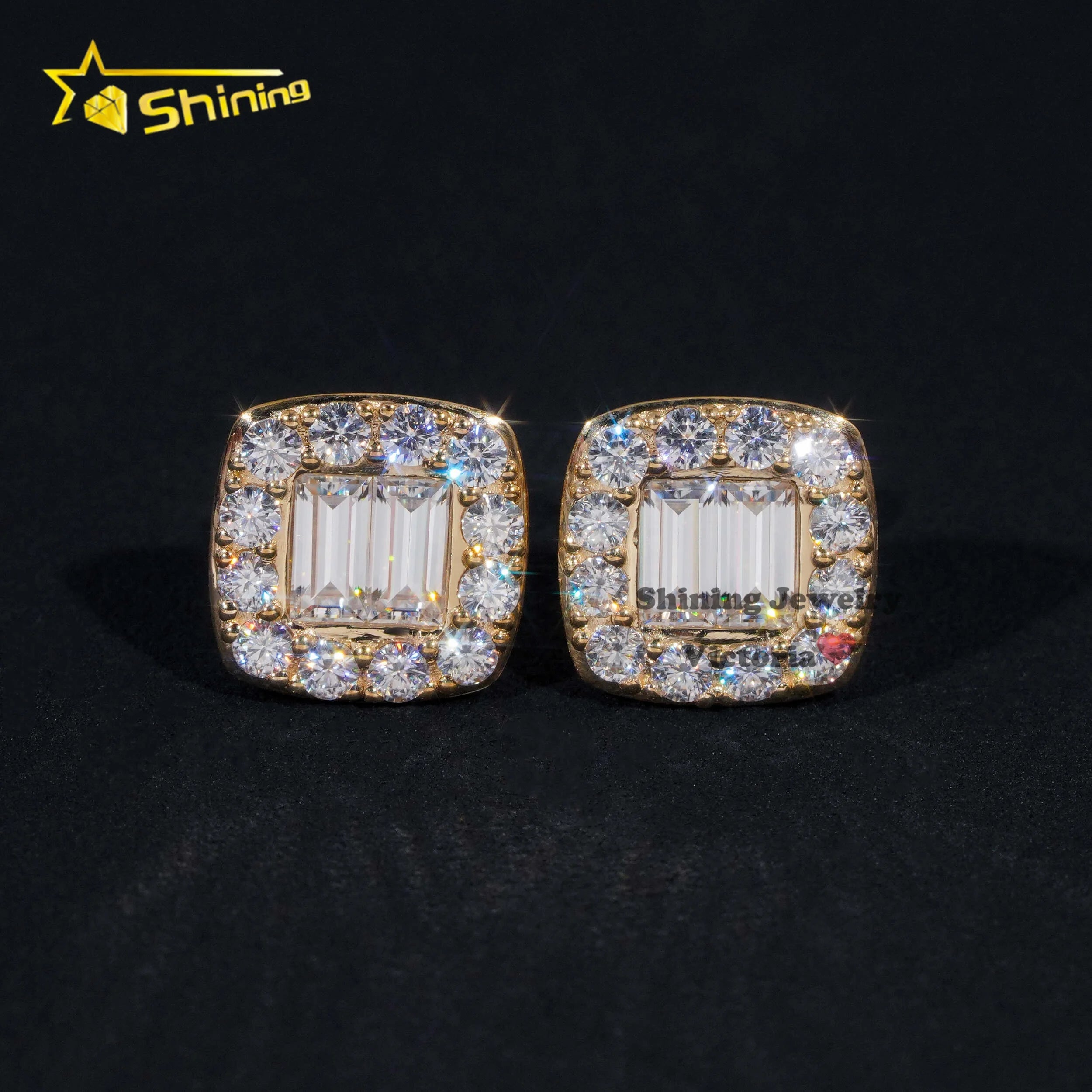 Luxury Baguette Lab Grown Diamond Earrings Iced Out Jewelry 10K 14K 18K Soild Gold Hip Hop Moissanite Stud Earrings