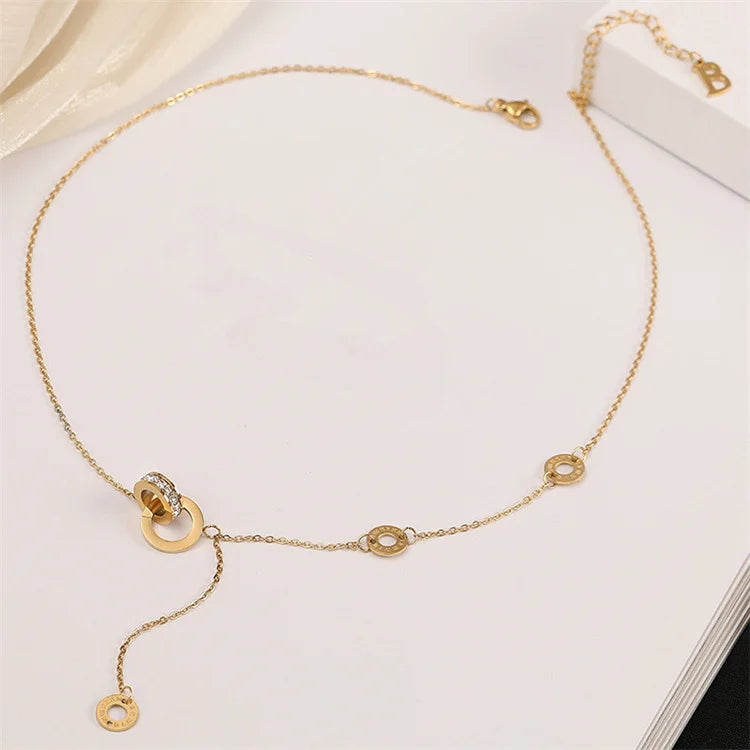 Wholesale Sweater Chain 18k Gold Stainless Steel Crystal Zircon Double Ring Roman Numerals Tassel Necklace