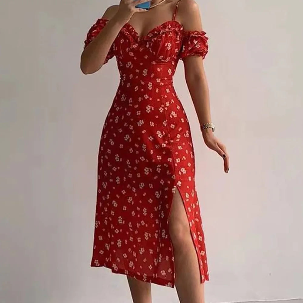 S-3XL Summer New Women's Dress Temperament Strap Dress Mid Length Split Irregular Floral Dress