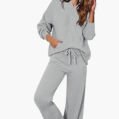 Women's 2 Piece Outfits Sweater Set Long Sleeve Hoodies With Pocket Wide Leg Pants Lounge Sets Sweatsuit