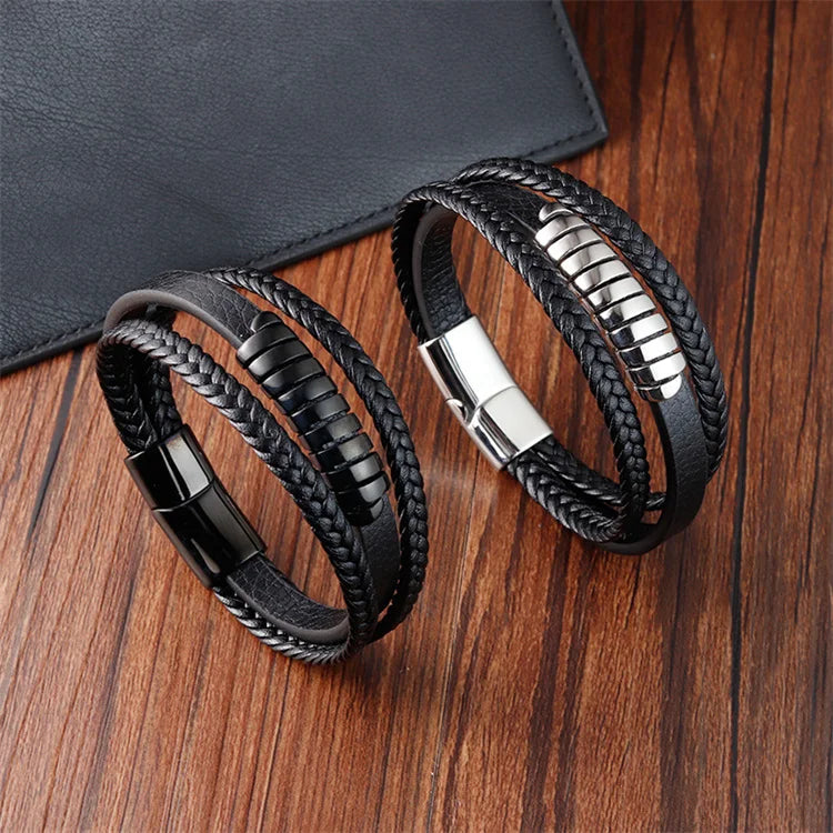 Fashionable Stainless Steel Bracelet Bangle Wholesale Black Leather Braided Vintage Wristband Leather Bracelet