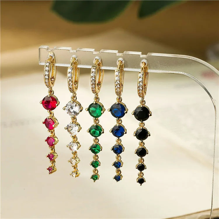 EC1935 Chic Dainty Long 18k Gold Plated Graduted Round Zircon CZ Diamond Drop Dangle Hanging Linear Hoop Earrings
