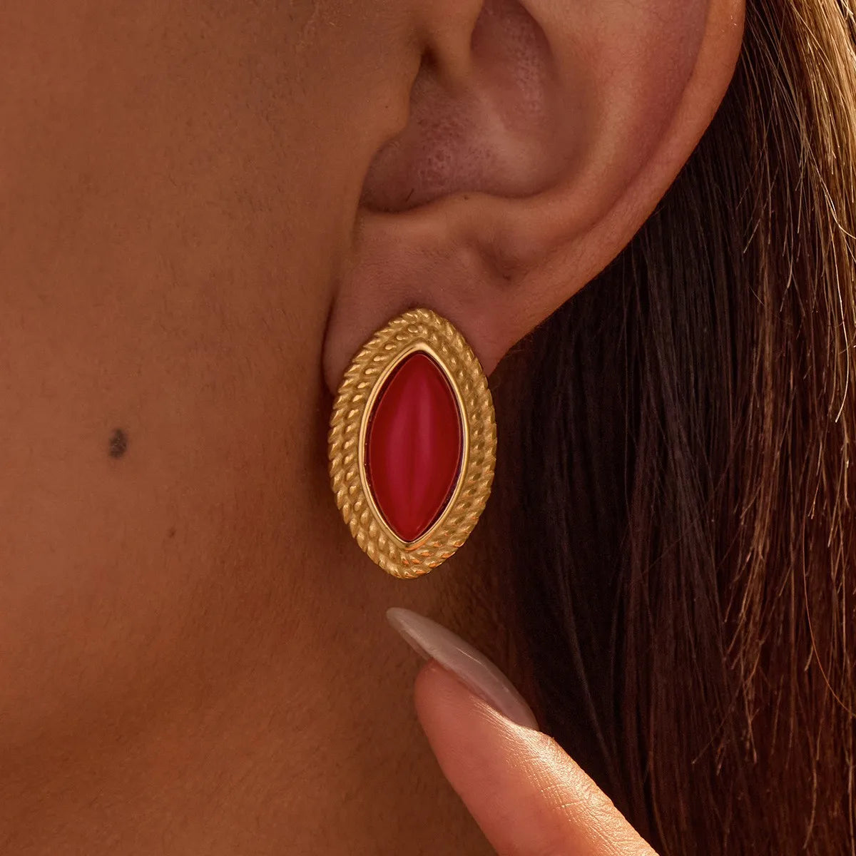 Classic Vintage Style Fashion Jewelry Premium Feeling 18k Gold Plated Stainless Steel Black Onyx Red Onyx Fine Jewelry Earrings