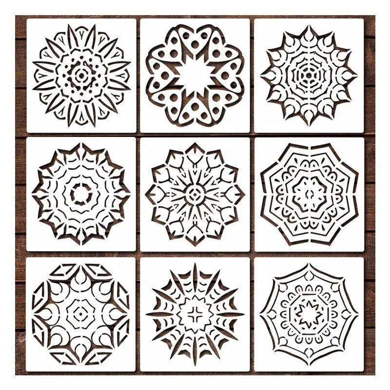 9Pcs 6 Inch Plastic Reusable Mandala Stencils for Crafts Rangoli Stencils for DIY Projects Painting & Home Decorating