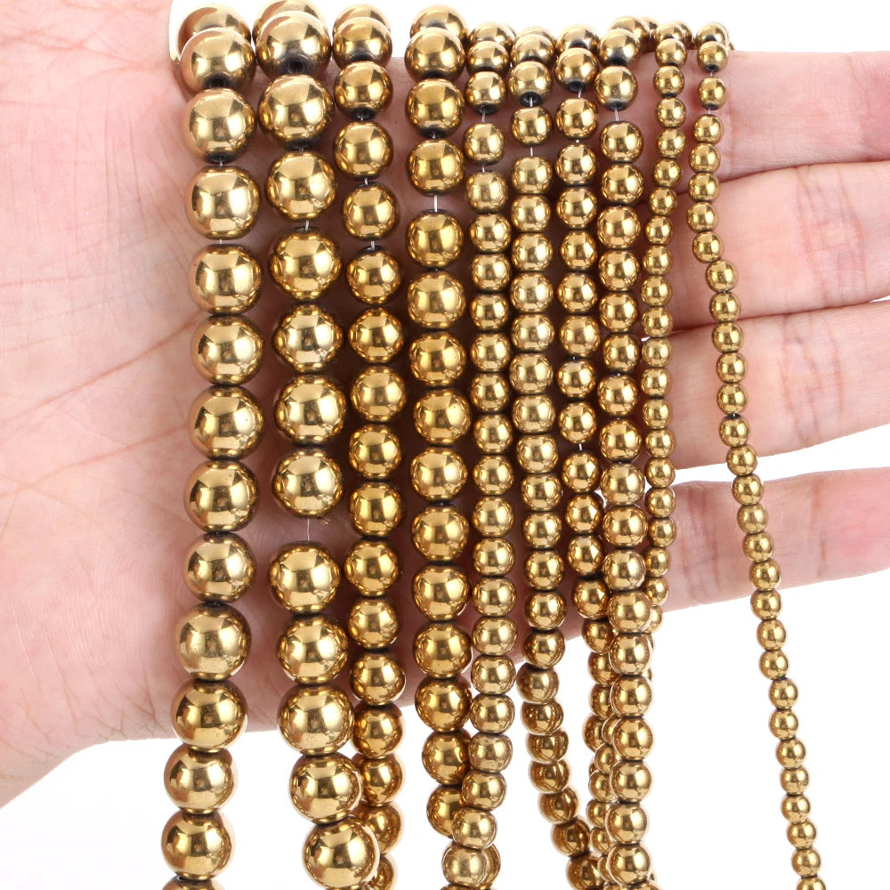 AsVrai U Natural Hematite Stone Electroplating Gold Color Loose Round Beads for Jewelry Making DIY Bracelet Accessory Wholesale