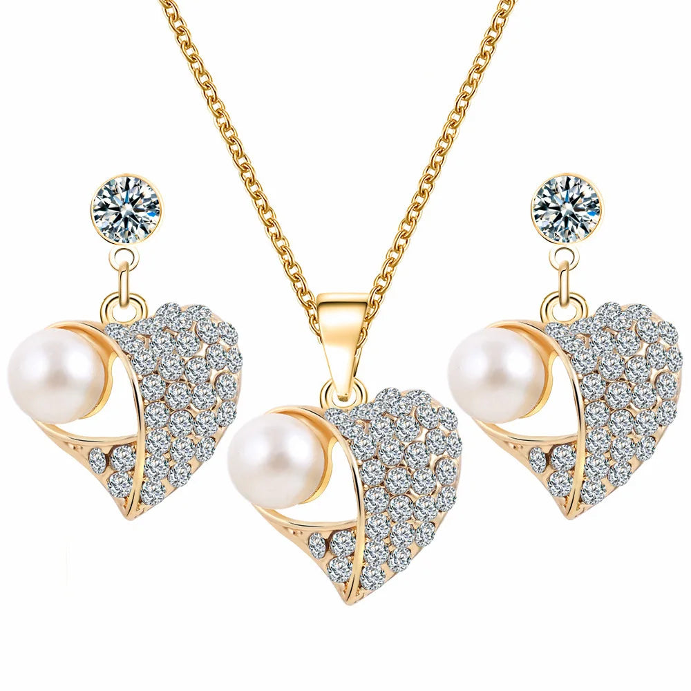 Diamond Heart Necklace Earrings Sets Simple Zircon Collarbone Chain Fashion Heart Pearl Pendant Necklace Jewelry for Women