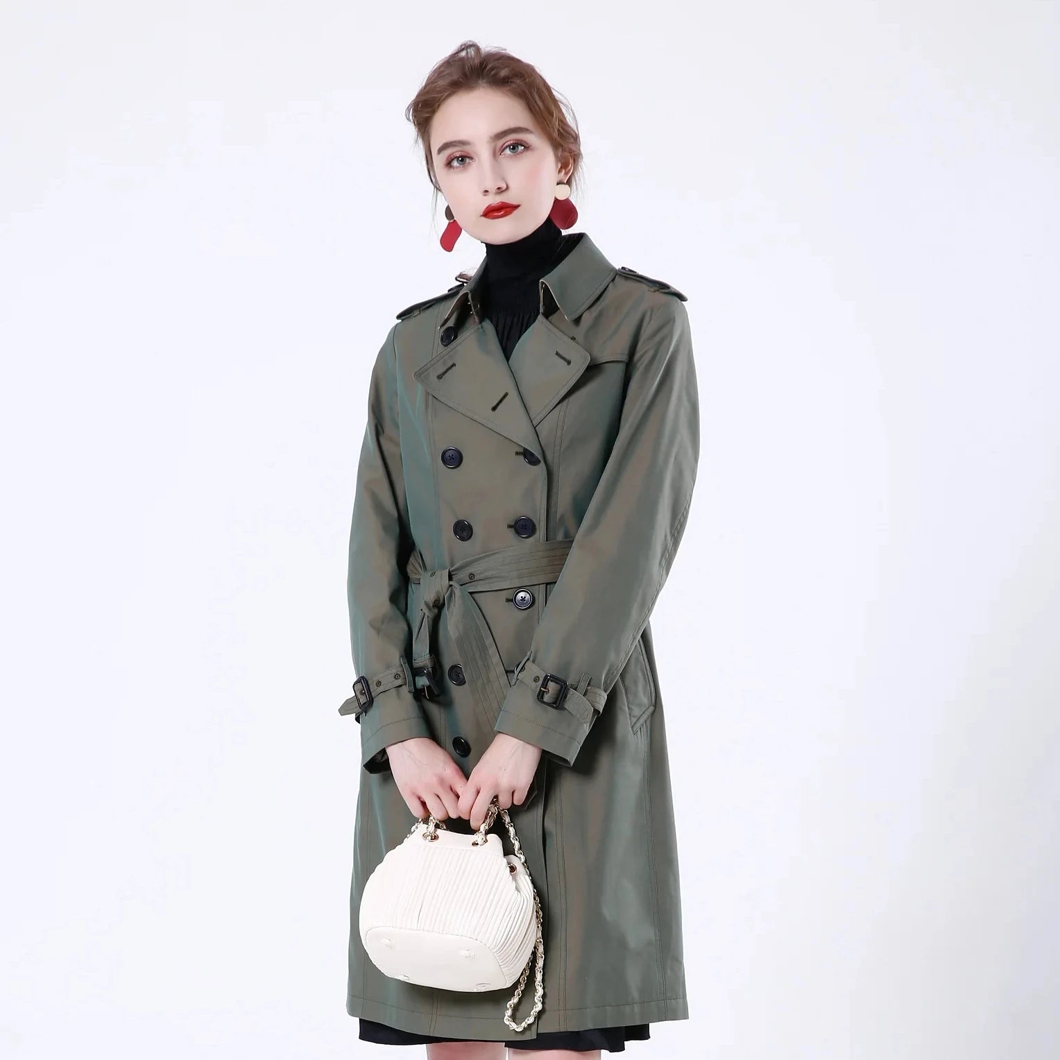 2023 Bosha Women's Autumn Olive Green Trench Coat Long Casual Style With Double Breasted Closure Solid  Customizable