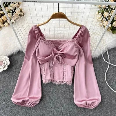 Casual and Fashionable square Neck Lantern Sleeve Lace Patchwork Satin Shirt Women's High Waisted Short Top