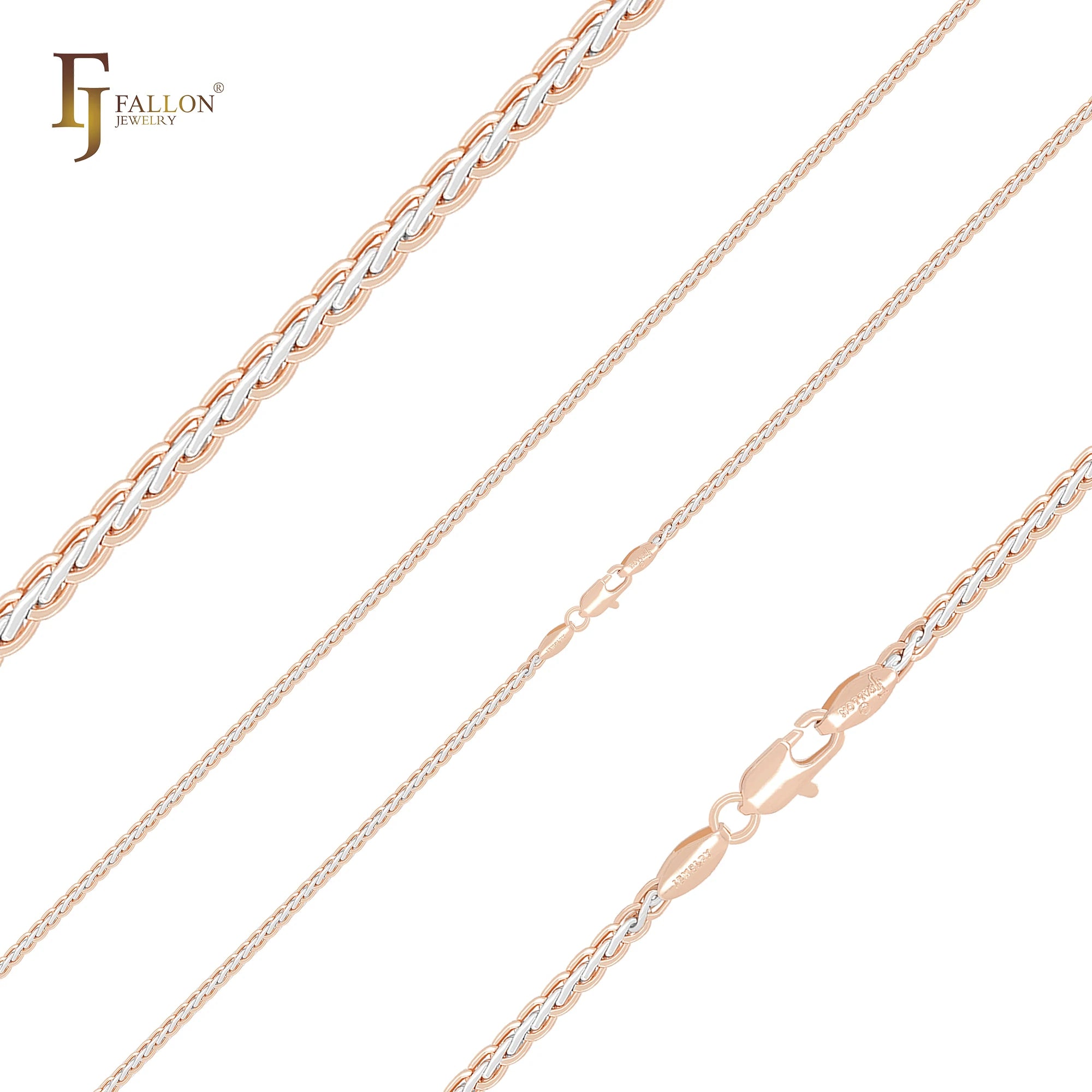 2mm FJ Fallon Fashion Jewelry Spiga Wheat Chain Plated in Rose Gold Two Tone Brass Based