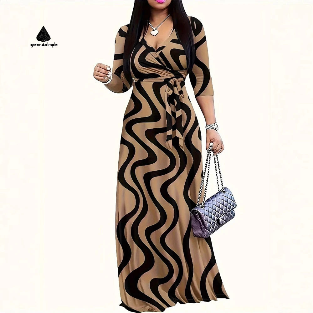 Custom Printing Autumn Trendy Lace-Up Women's Elegant Maxi Long Dress Casual Printed Breathable Natural Waistline Loose Dress