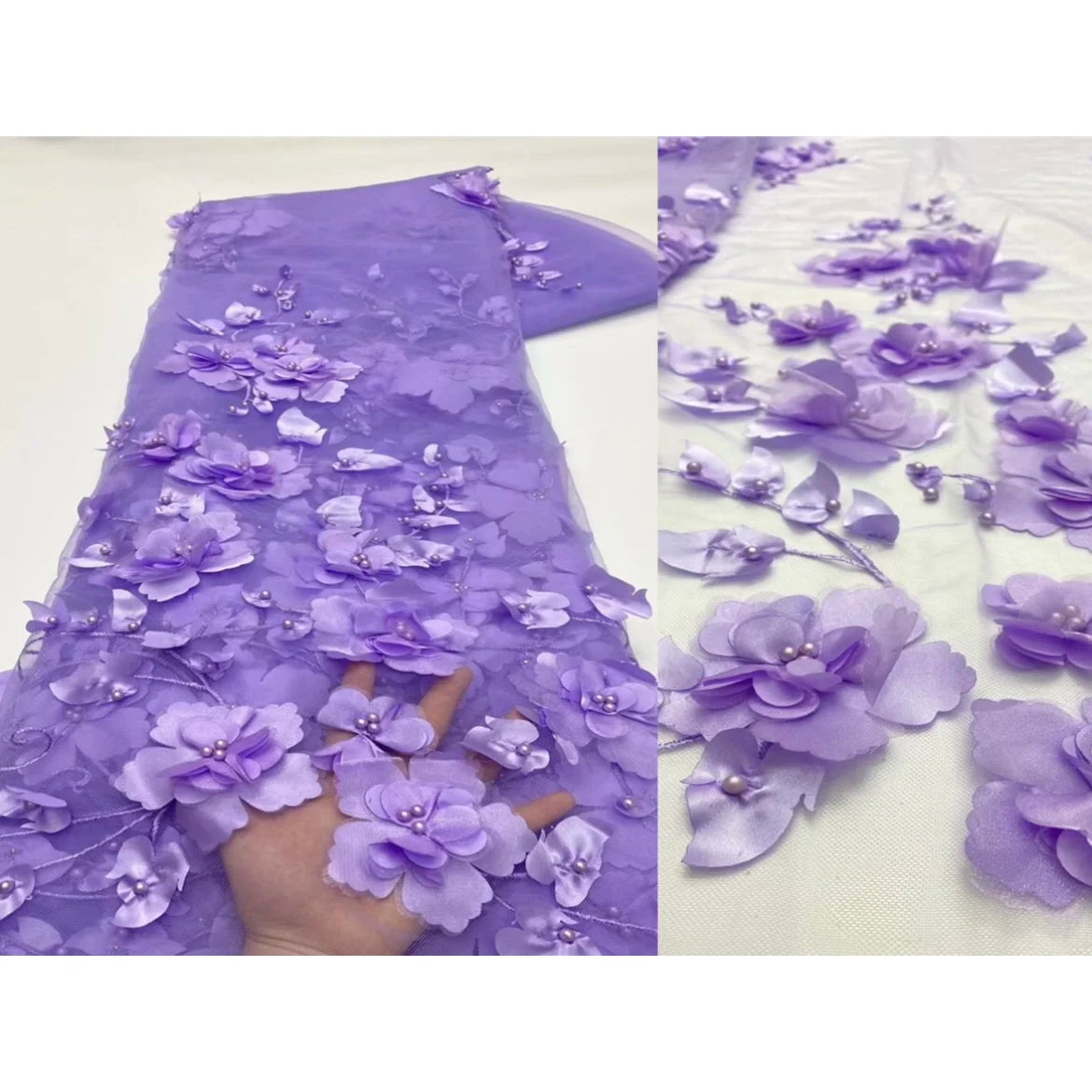 Luxury Mesh Lace Dress Fabric Flower 3d Beads Embroidery Coated Tricot Jacquard Wedding Beaded Tulle Pvc 100% Polyester / 180gsm