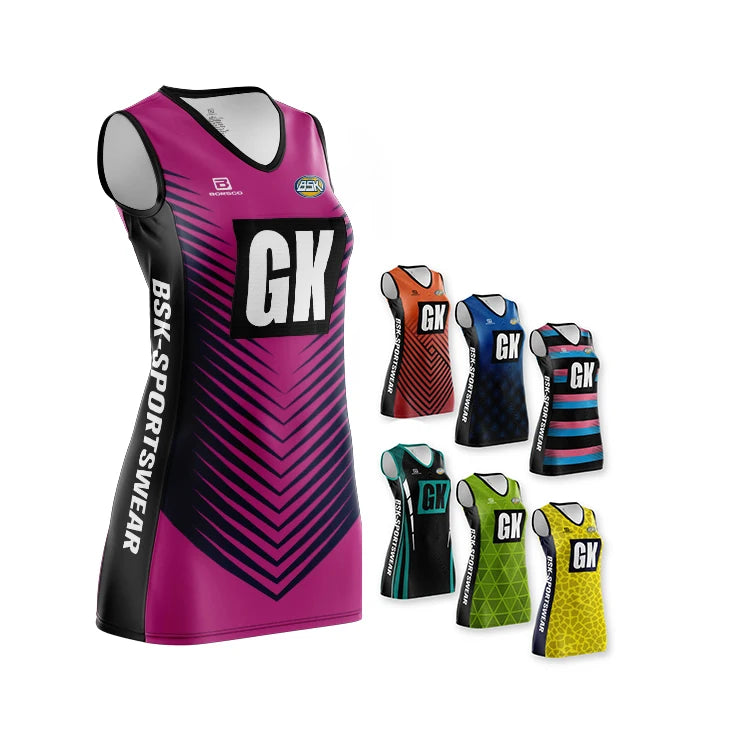Latest Netball Uniform Customized Panels a Line Customized Colors Purple Blue Netball Dress Bodysuit Sportwear Clothes Factory