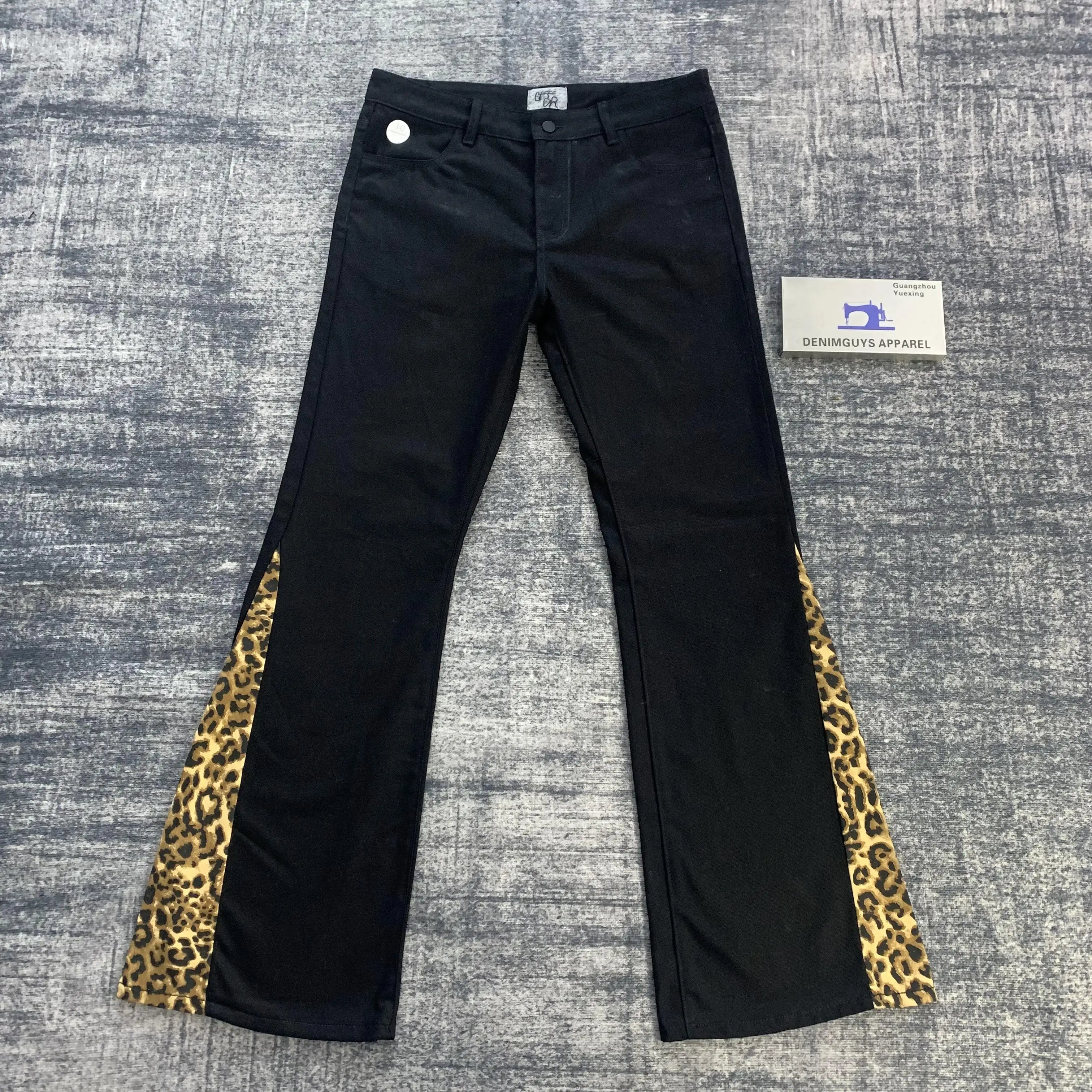 DENIMGUYS Custom Men's Baggy Wide Leg Leopard Print Patch Flare Jeans 100% Cotton Casual Patchwork Flared Denim Pants for Men