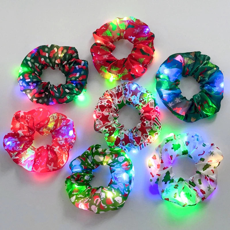 MIO Hair Tie Scrunchies Colorful Fabric Led Glowing Christmas Pattern Celebrating Light up Hair Tie Scrunchies for Girls