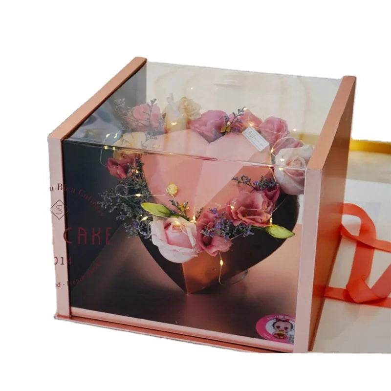 2023 Valentine's Day Gift Idea Artificial Scented Rose Soap Flower Acrylic Jewelry Box Screen Printed Complete Tote Boxes for
