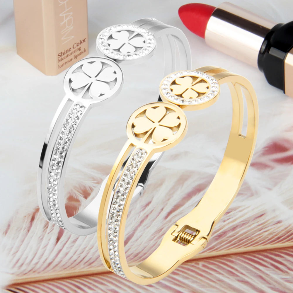 Fashion Women's Trendy Jewelry Gift Accessories Diamond Gingko Leaves Plated 18K Gold Stainless Steel Charm Bracelet Wholesale