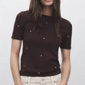 Women's Studded T-Shirt Custom Cotton Cashmere Blend Short Sleeve Knit Tee with Rivet Embellishments