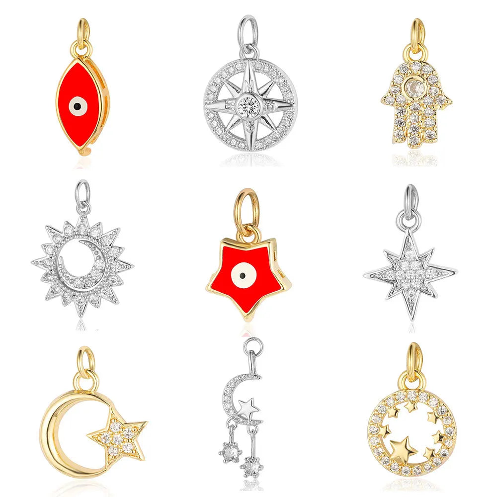 2026 Hot Selling Charms for Jewelry Making Sun Moon Palm Pentagram Crescent Copper Zircon Silver/Gold Plated Pendant Accessories