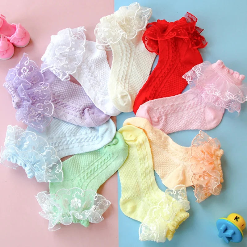 Girls' Cute Breathable Cotton Short Socks Six-Petal Flower Mesh Double Layer Lace Solid Color Children's Breathable Short Socks