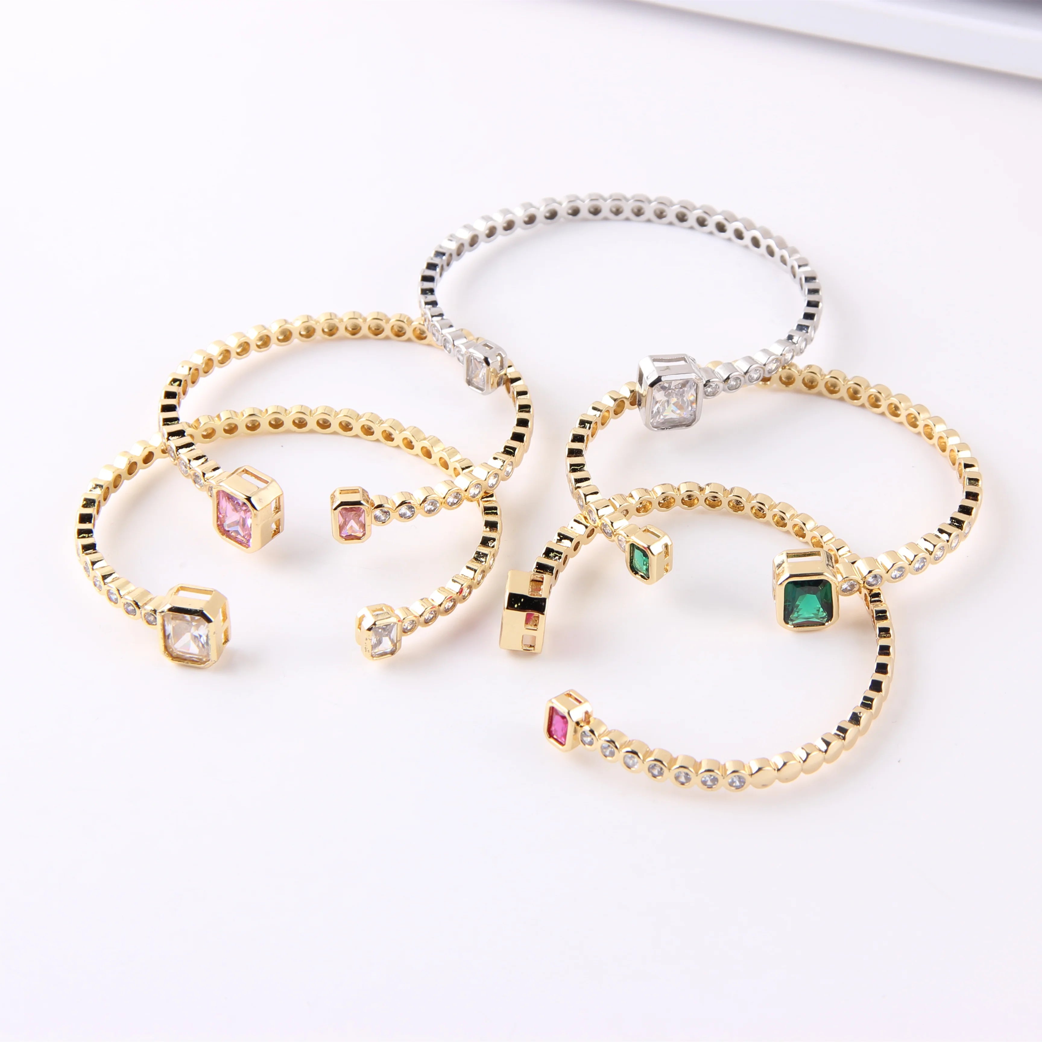 Square Colorful Rhinestone Adjustable Charm Bangles 18K Gold Plated Cubic Zircon Bangles for Women