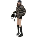 Black Gold Woven Fringe Wool Korean Blouse Shirt for Women Winter Casual Leopard Breathable Tank Front Small Fragrance Jacket
