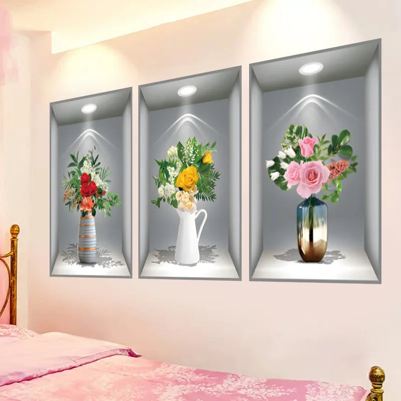 Home Decoration Self Adhesive 3d 4d Vase Plant Flower Wall Stickers for Bedroom MegaBDM
