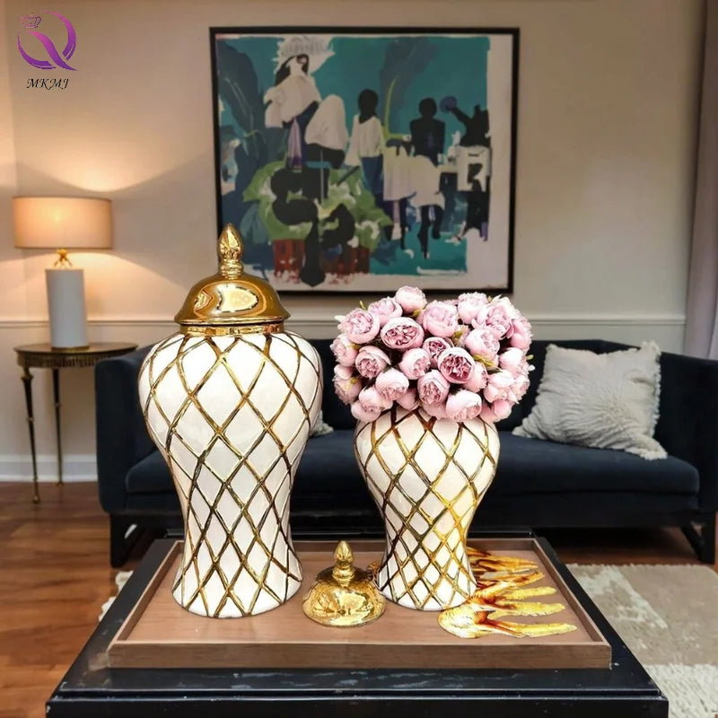 Light Luxury Ginger Jar Tabletop Vase Decoration European Electric Gold-plated Ceramic Decorative Vase Decoration