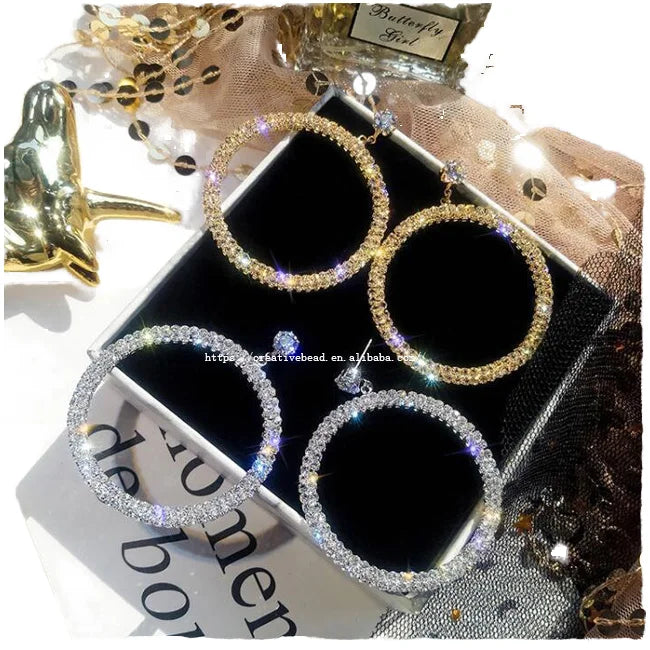 2025 Trendy Clear Rhinestone Stud Earring Silver/Gold Circle in Eardrop Design Gold Plated for Weddings and Parties