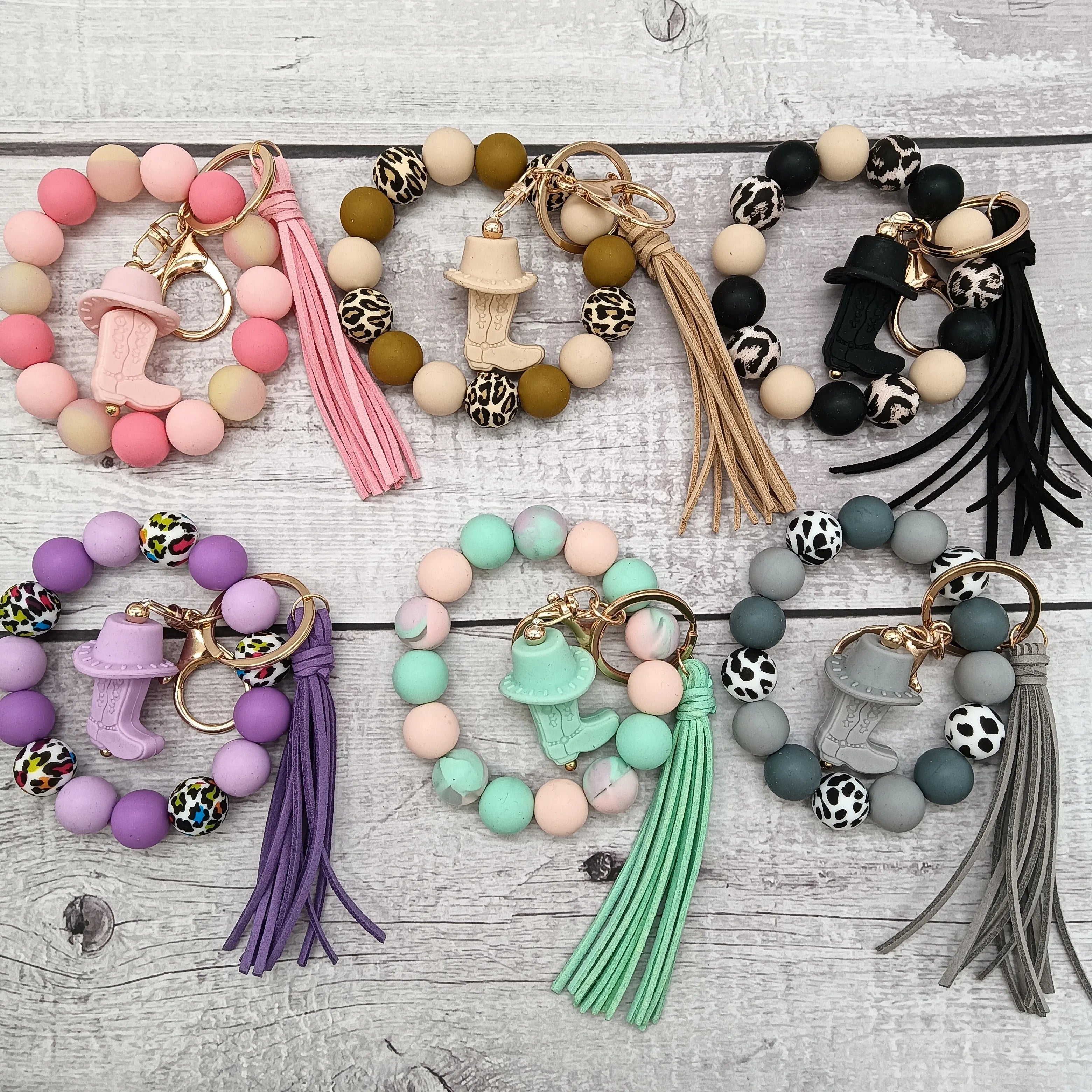 New Western Cowboy Charm Bracelet Cow Pattern Hat Boots Tassel Pendant Silicone Wristlet Keychain for Women