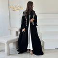 Hafizah 2026 Dubai Luxury Black White Leaf Embroidery Muslim Open Abaya Modest Kimono MegaBDM