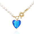Natural Freshwater Pearl Colorful Glass Pendant Heart Necklace Women Sweater Chain Fashion Jewelry Custom