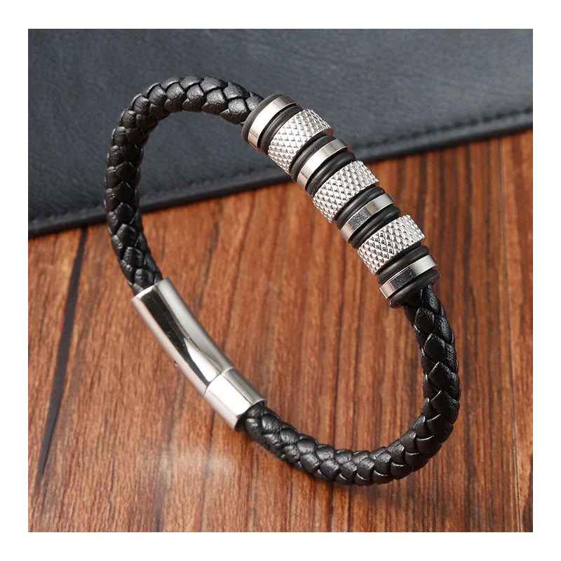 Punk Genuine Leather Bracelet with Stainless Steel Magnetic Clasp Hand Jewelry MultiLayer Leather Bracelets Mens Engraved Logo