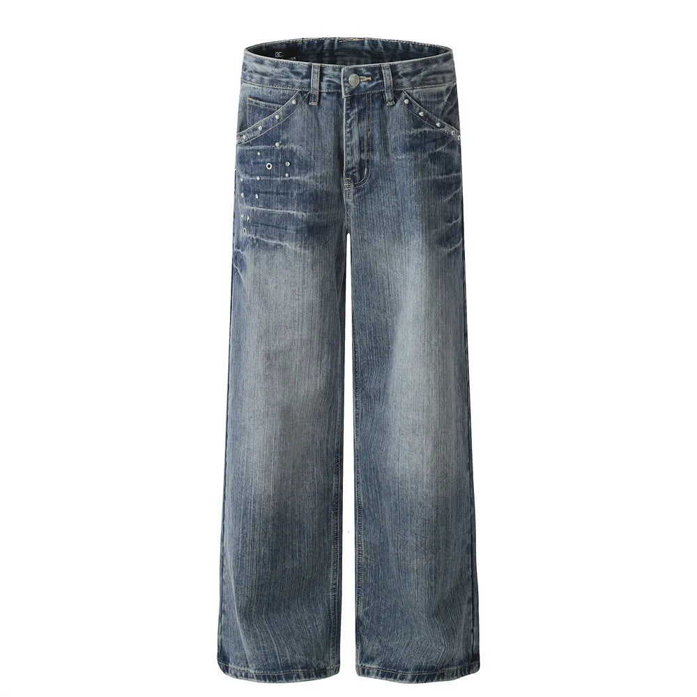 Designer Unique Riveted Design Stone Wash Jeans Men's Fashion Brand Vibe Straight-barrel Fitting Mens Jeans Trousers