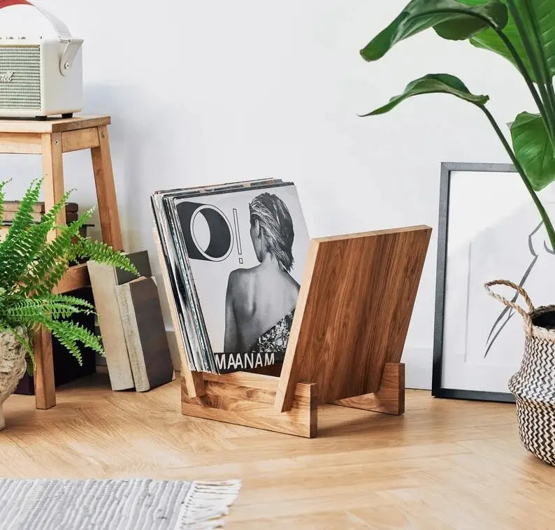 JUNJI Easy-to-Assemble Wall-Mounted Vinyl Record Storage Display Flip Rack Wood Bamboo and Removable Design