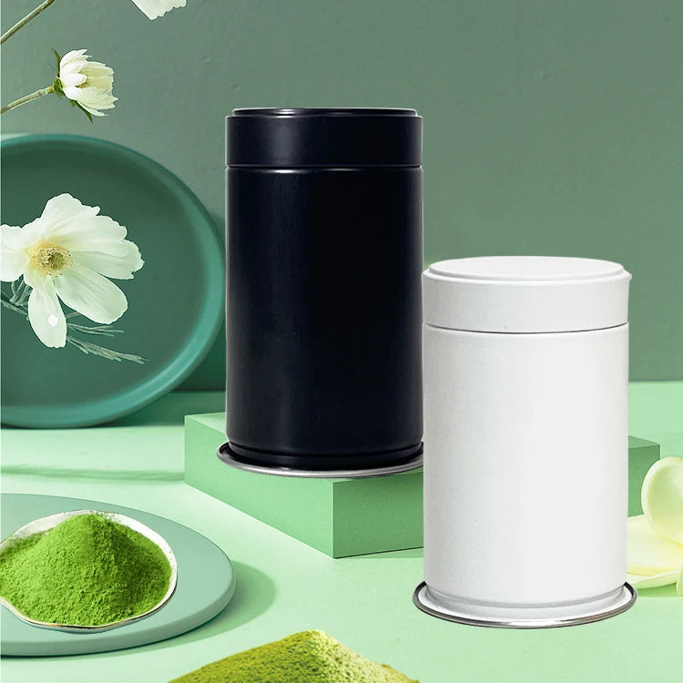 Eco Friendly Luxury Round Airtight Coffee Tea Packaging Black White Matcha 50g Stackable Food Grade Tea Tin with Inner Lid MegaBDM