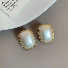 AL-85 Wholesale Metallic Vintage Women Ear Jewelry Metal Alloy Pearl Simple Geometric Square Stud Earrings