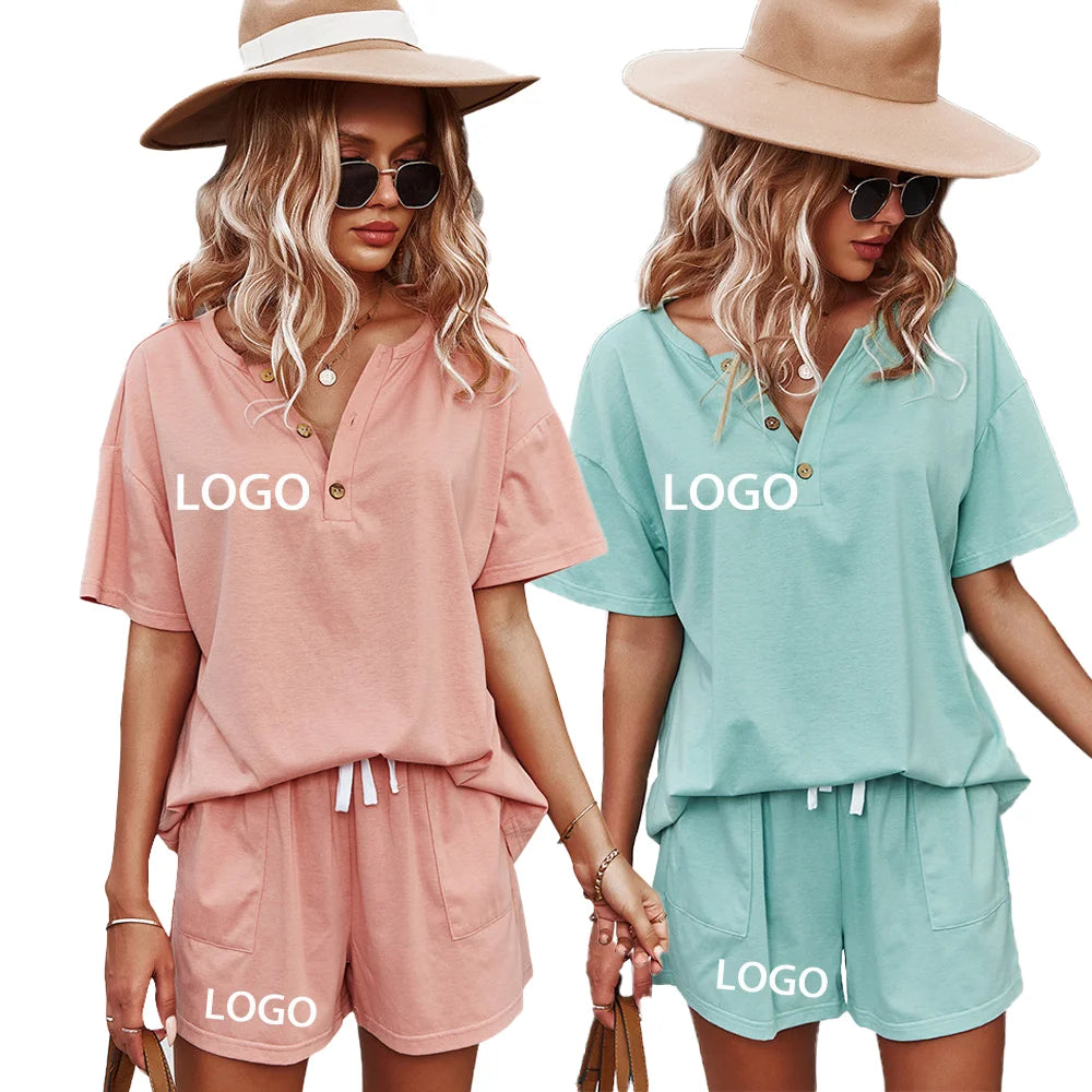 Wholesale  Women Casual Summer Outfits Two Piece Set Clothing Custom Shirt and Shorts Set