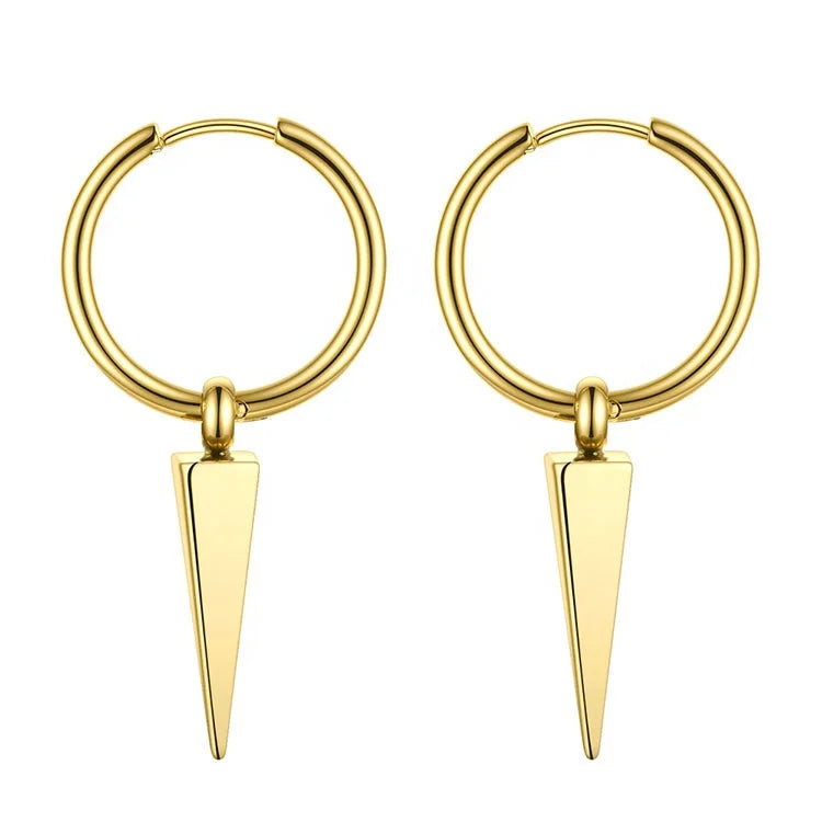 Fashion Wholesale 18K Gold Plated Stainless Steel Jewelry Unisex Tapered Pointed Drop Hoop Earrings E201154