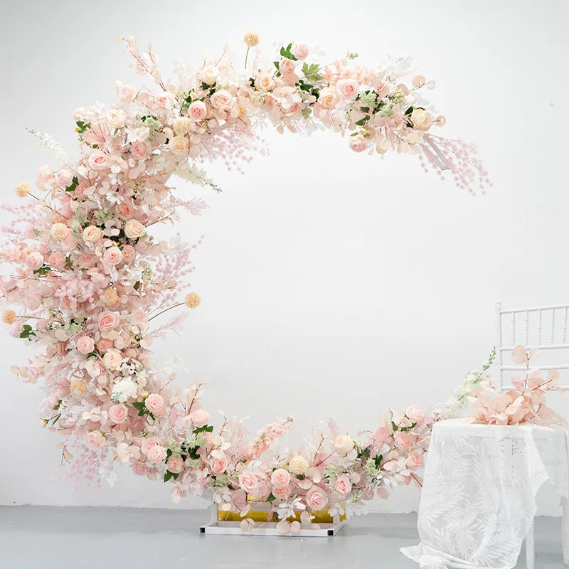 New Arrival Wholesale Moon Flower Arch Frame Romantic Artificial Flower Arch for Wedding Decoration pink Bouquet