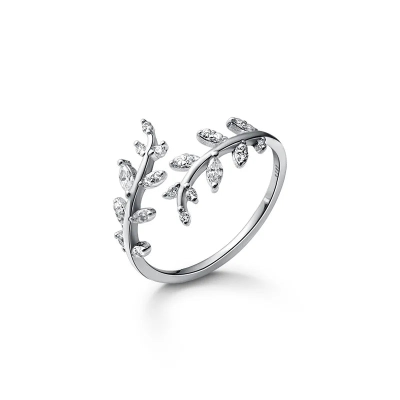 Korean Cute Fashion Pure 925 Sterling Silver CZ Zircon Leaf Shape Engagement Finger Ring for Women Jewelry