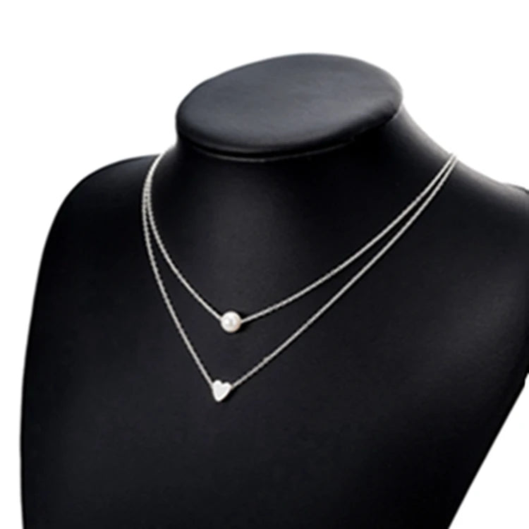HSJ-124 Wholesale Fashion Simple Neck Jewelry for Women Multi Double 2 Layers Pearl Metallic Metal Alloy Heart Pendant Necklace