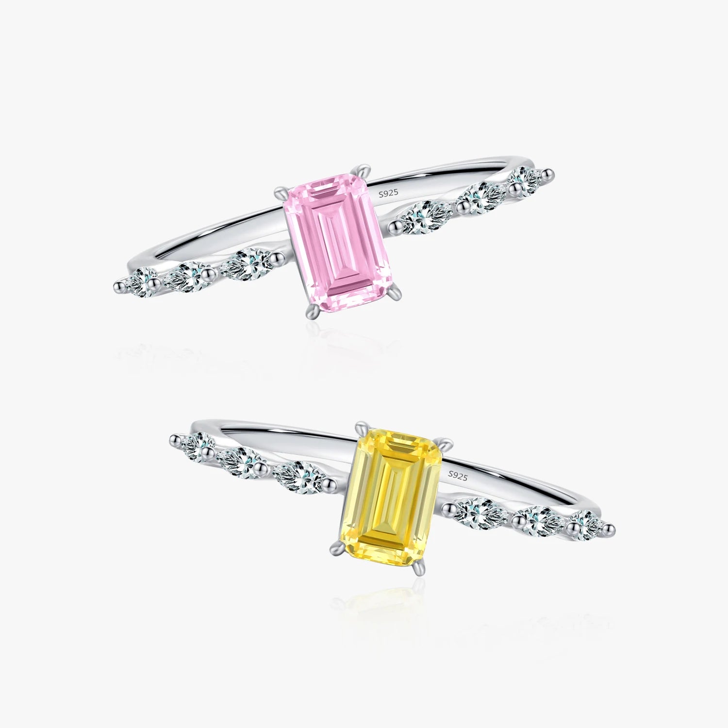 Wedding Luxury Fine Jewelry 925 Sterling Silver Exquisite Sparkling Emerald Cut Light Pink Yellow Zirconia Ring for Women