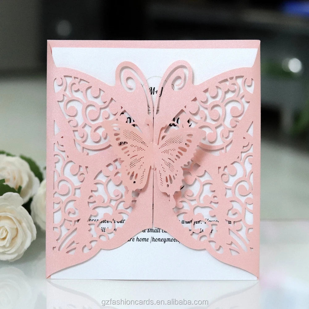 Pink Wedding Invitation Hollow Butterfly Design and Laser Cut butterfly Birthday Invitation Cards MegaBDM