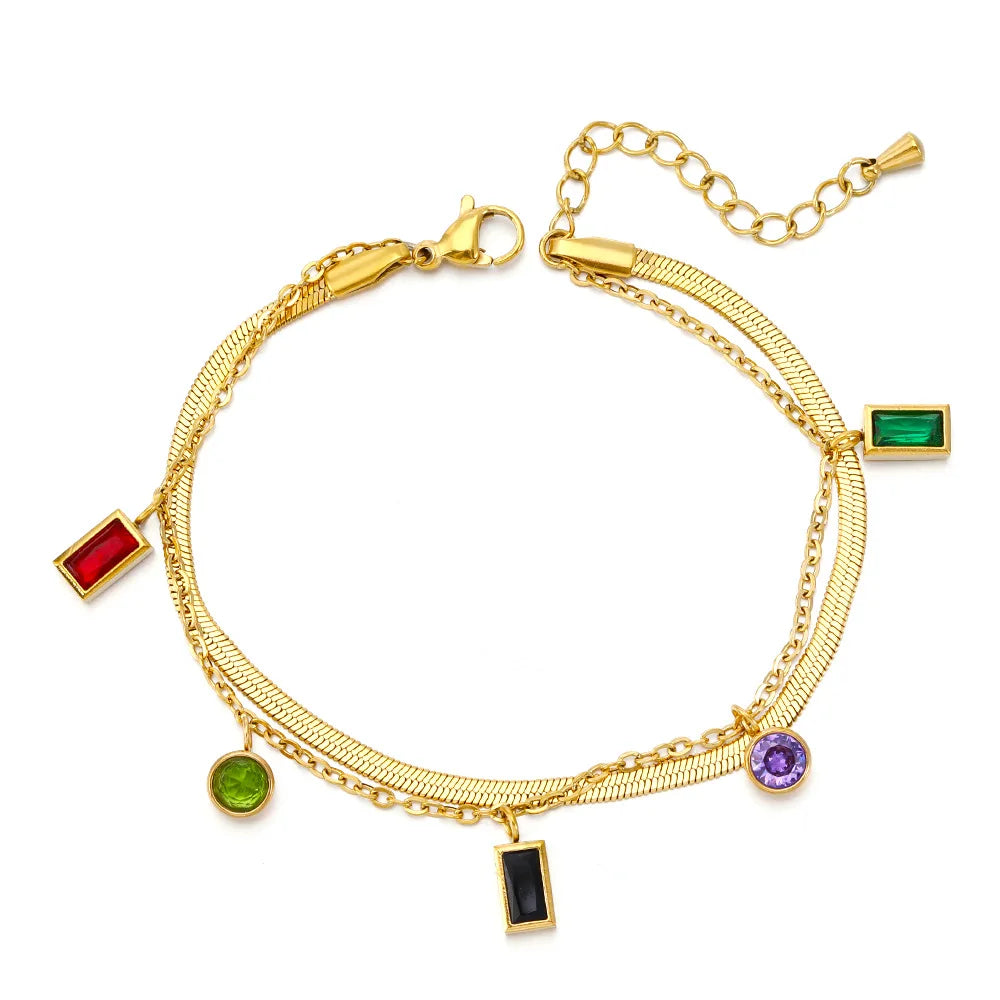 Flat Snake Chain Cubic Zirconia Bracelet Double Layer Titanium Stainless Steel Colorful Zircon Charm Bracelets Jewelry YF3408