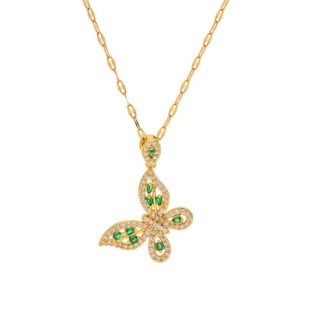 Dropshipping Stainless Steel Pendant Necklace With PVD Gold Plated Green Zircon Butterfly Pendant for Lady New 2023 Jewelry