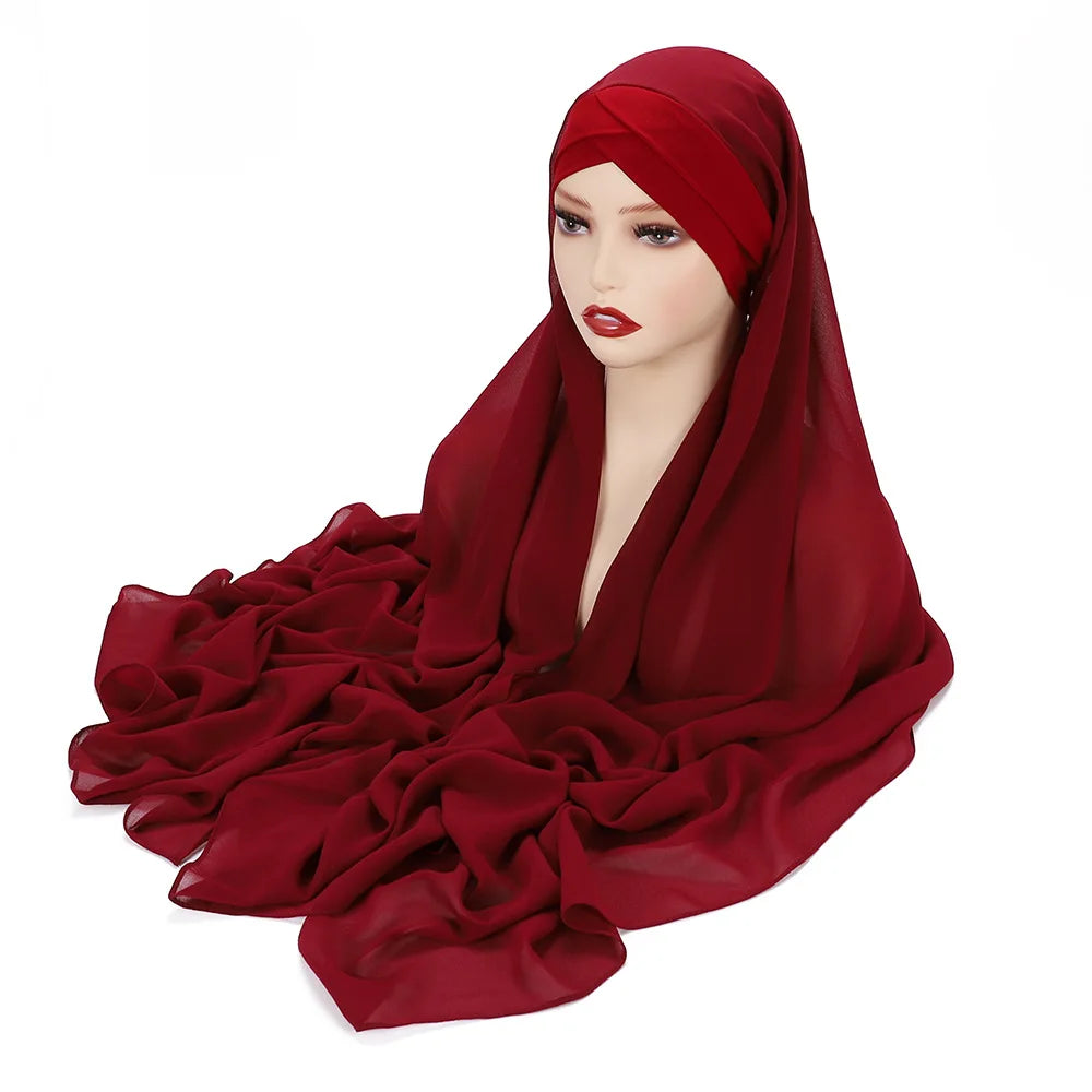 Instant Hijab With Cap Heavy Chiffon Jersey Hijab for Women Veil Muslim Fashion Islam Hijab Cap Scarf for Muslim Women Headscarf