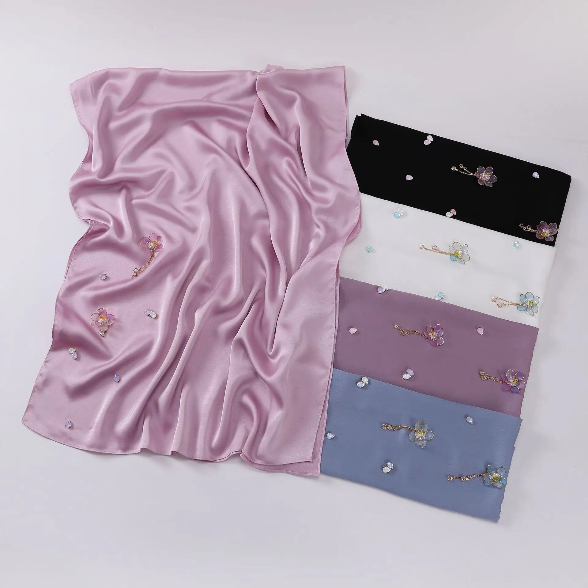 Muslim Malaysian Women Diamond Bubble Chiffon Scarves Hijabs Plain Chiffon Hijabs Hand-Made Flower Pendants Wedding Shawls